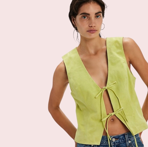 Understated Leather Jackets & Blazers - Understated Leather Kerri Suede Bow Vest in Sunny Lime XS